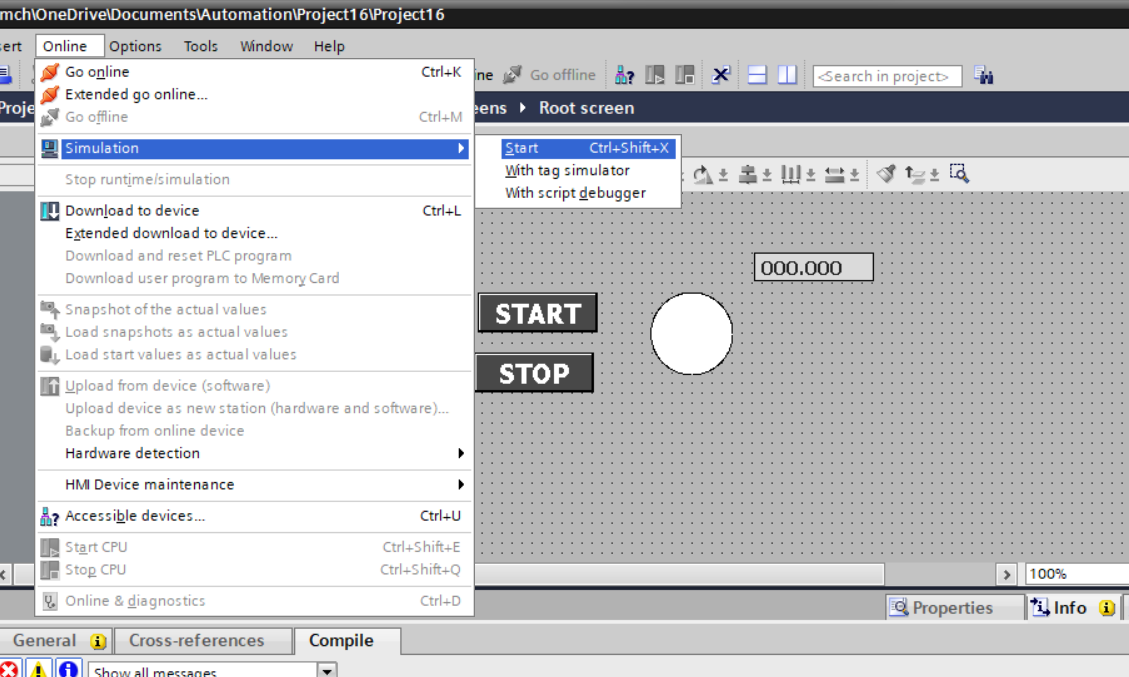 how to start hmi simulation in wincc tia portal